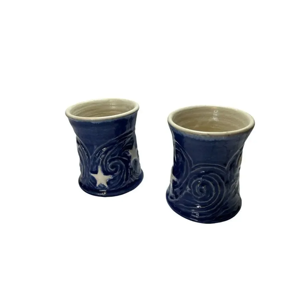 Handmade Art Ceramic Pottery Pair Of Sun And Moon Mugs Blue And White 2 Cups